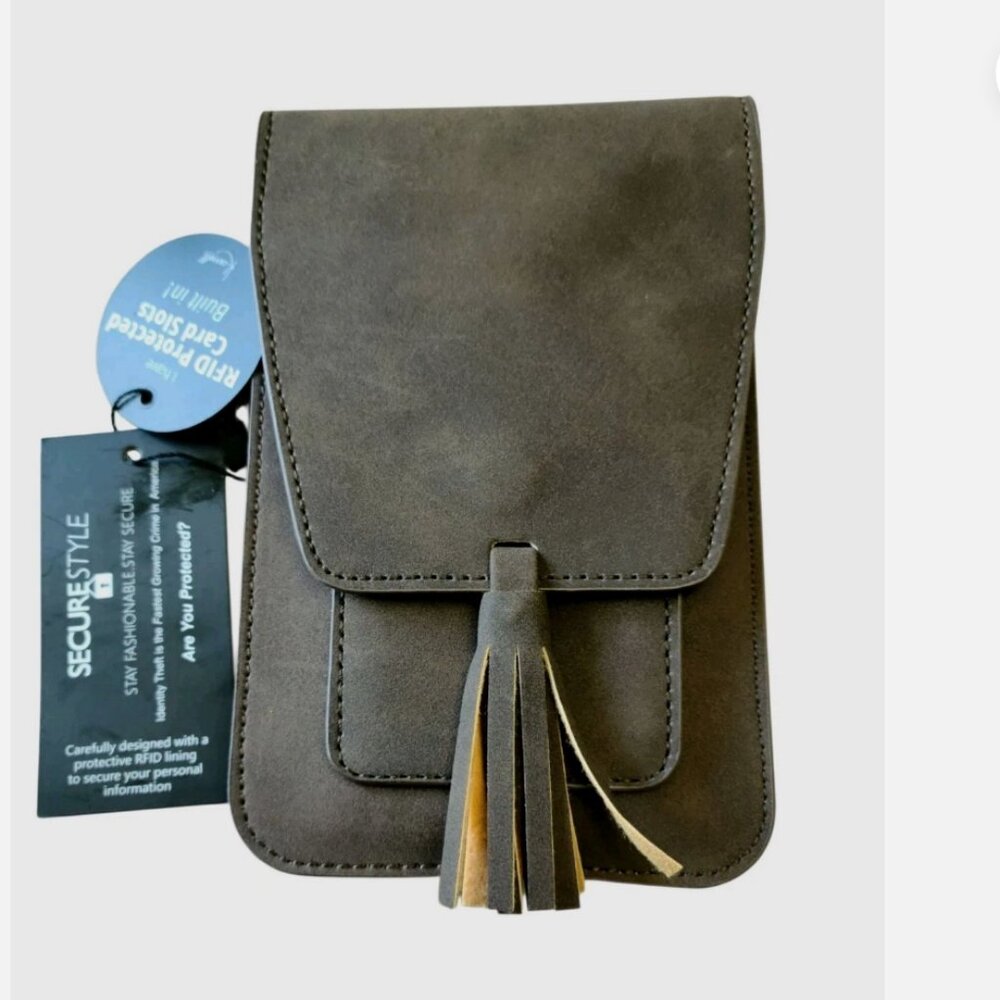 NEW K Carroll Brown RFID Secure Protected Card Slots Crossbody Strap Fringe